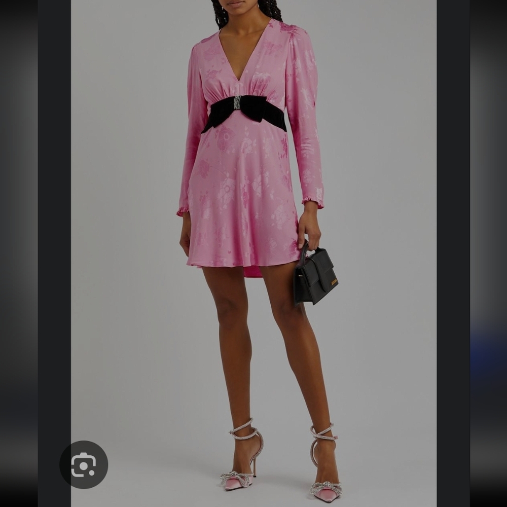 RIXO Bambi  Pink Long Sleeve Dress with Velvet Bow
